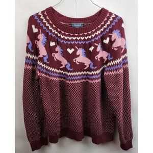 Modcloth Maroon Unicorn Fair Isle Long Sleeve Pullover Sweater Size XL